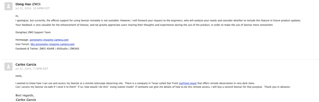 email from ZWO support about using Seestar for remote imaging.